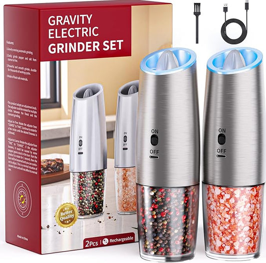 MealHelper Rechargeable Gravity Electric Salt and Pepper Grinder Set with LED Light, Type-C Fast Charging, Adjustable Coarseness, Large Capacity Grinder for Kitchen & Outdoor, (2 Pack-Stainless Steel)