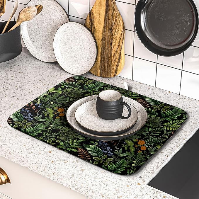 Black Sage Green Plant Dish Drying Mat for Kitchen Counter,Vintage Botanic Fern Leaves Floral Drying Mat 16 x 18 Inch with Absorbent Reversible Microfiber Drying Pad for Coffee Bar - Image 5