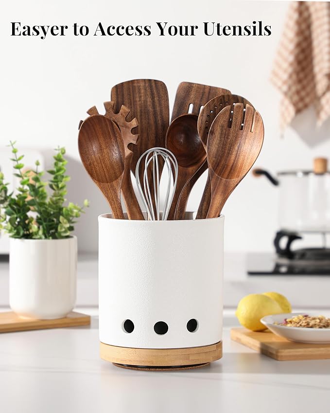 LoeJan 360° Rotating Ceramic Utensil Holder for Kitchen Countertop – Cooking Utensil Crock Organizer with Non-Slip Cork Base for Farmhouse Kitchen Decor, Textured White - Image 5