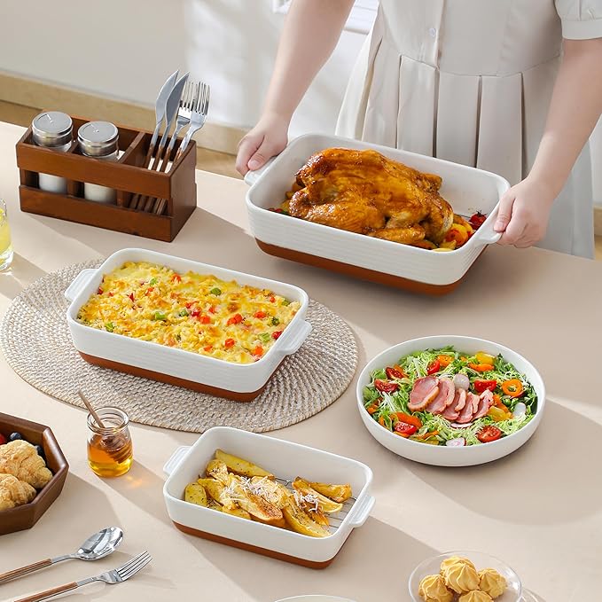 MALACASA Casserole Dishes for Oven with Roasting Racks, Ceramic Baking Dishes Set of 3, Baking Pan Casserole Dish Set, Rectangular Lasagna Pan Deep with Handles for Baking, Khaki White (14.5''/13''/10.5''), Series TARA - Image 7