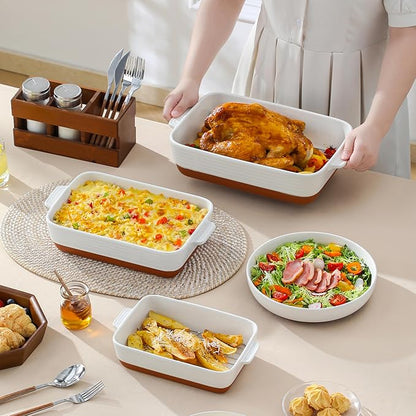 MALACASA Casserole Dishes for Oven with Roasting Racks, Ceramic Baking Dishes Set of 3, Baking Pan Casserole Dish Set, Rectangular Lasagna Pan Deep with Handles for Baking, Khaki White (14.5''/13''/10.5''), Series TARA - Image 7
