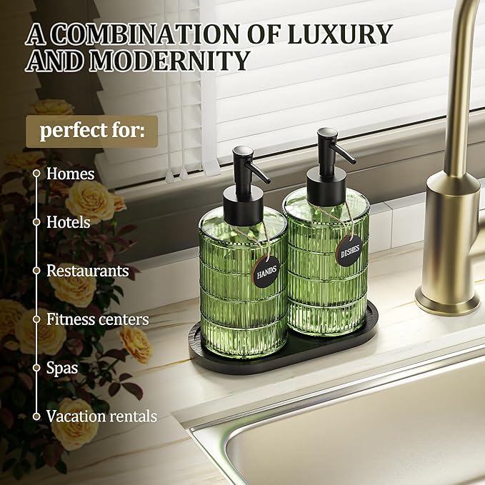 MASADI Soap Dispenser Set with Bamboo Tray, Dish and Hand Soap Lotion Dispenser Set with Wooden Pump for Kitchen and Bathroom Decor for Counter, Modern Vintage Liquid Soap Dispensers (Green&Black) - Image 2