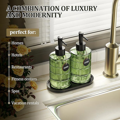 MASADI Soap Dispenser Set with Bamboo Tray, Dish and Hand Soap Lotion Dispenser Set with Wooden Pump for Kitchen and Bathroom Decor for Counter, Modern Vintage Liquid Soap Dispensers (Green&Black) - Image 2
