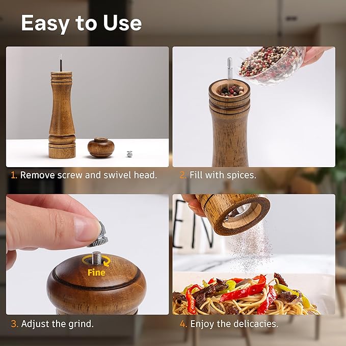Wood Salt and Pepper Grinder, Salt Grinder and Pepper Mill, Oak Wood Shakers with Adjustable Ceramic Grinders (8″ - 1 Pack with Tray) - Image 6