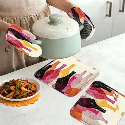 Red Wine Bottle Oven Mitts and Pot Holders Sets,Silicone Kitchen Mitts Potholders Heat Resistant 4Pcs Oven Gloves Hot Pads for Kitchen Baking Cooking
