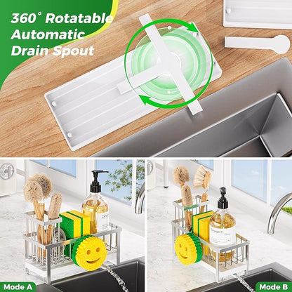 Sponge Holder for Kitchen Sink,Sink Caddy with Removable Dish Brush Holder,Self-Draining Kitchen Countertop Organizers and Storage Essentials,Soap Dispenser Organize and Home Decor-Silver - Image 4