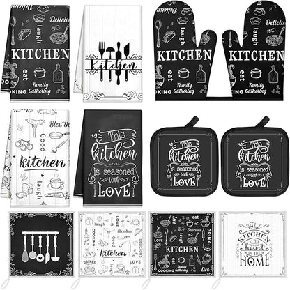 Bencailor 12 Pcs Farmhouse Kitchen Decor and Accessories Sets 4 Black and White Kitchen Towels 4 Absorbent Dishcloths 2 Pot Holders 2 Oven Mitts Gloves for Home Decor Mom Gifts