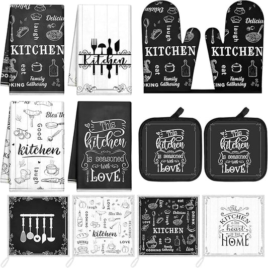 Bencailor 12 Pcs Farmhouse Kitchen Decor and Accessories Sets 4 Black and White Kitchen Towels 4 Absorbent Dishcloths 2 Pot Holders 2 Oven Mitts Gloves for Home Decor Mom Gifts