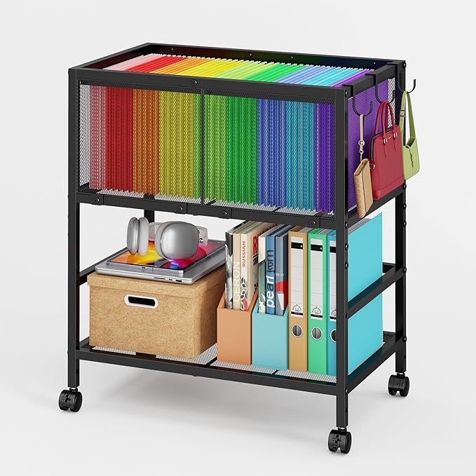 Rolling File Cart for Letter Size, Metal Hanging File Organizer with Storage Shelf, 2-Tier Mobile File Cabinet with 360° Wheels & Hooks, Under Desk Filing Cabinets for Home Office, Black