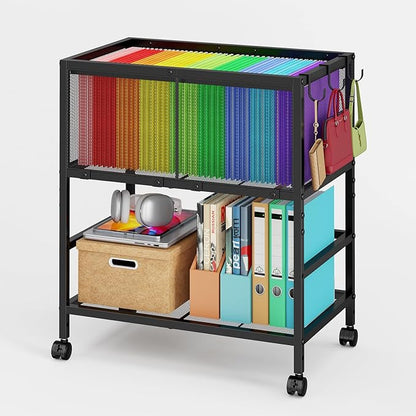 Rolling File Cart for Letter Size, Metal Hanging File Organizer with Storage Shelf, 2-Tier Mobile File Cabinet with 360° Wheels & Hooks, Under Desk Filing Cabinets for Home Office, Black