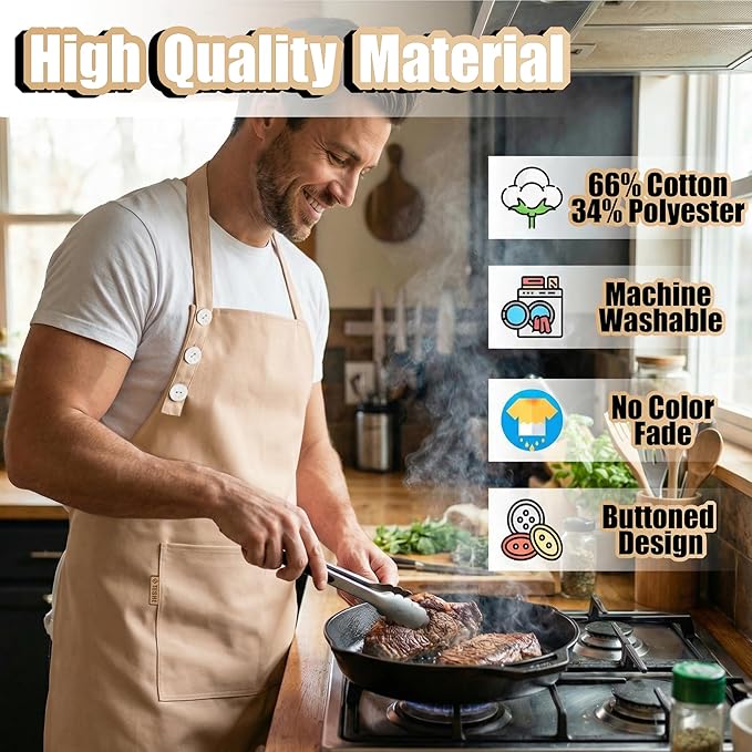TOSHE Kitchen Apron Waterdrop Resistant Cotton Apron with adjustable Aprons for Women with Pockets 10 Color option Cooking Beige Apron(Beige) - Image 3