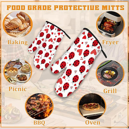 Cute Ladybug Oven Mitts and Pot Holders,Red Heart Heat Resistant Oven Mitts Gloves and Pot Holder for Home Kitchen Decorations Cooking Baking BBQ Gifts,Set of 4