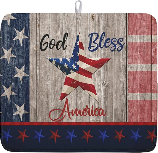 Kawani 4th of July Dish Drying Mat 16x18 Inch Patriotic God Bless America Memorial Kitchen Mats Independence Day Absorbent Dishes Pad for Kitchen Counter USA Star Drying Mat Home Decor for Countertop