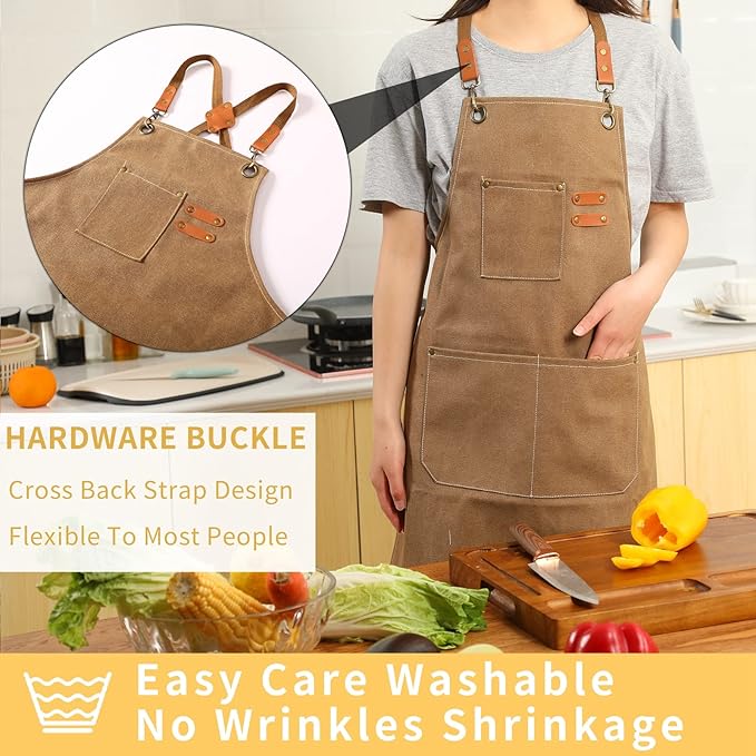 Tosewever Canvas Cross Back Chef Cotton Aprons for Men Women with Large Pockets - Image 3