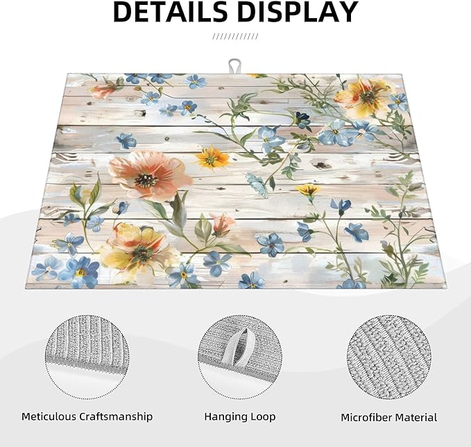 Flowers on Wooden Board Dish Drying Mat 18x24 Inch, Microfiber Absorbent Fast Dry Mat Floral Large Dish Mat Drying Kitchen Mat, Kitchen Drying Pad for Kitchen Counter Coffee Bar Decor Gifts