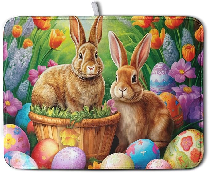 Easter Bunny Eggs Dish Drying Mat for Kitchen Counter, Tulip Floral Flower Drying Mat Spring Summer Holiday Dish Mat Drying Kitchen Mat Absorbent Kitchen Drying Mat for Sink 16x18Inch by Kwlegh