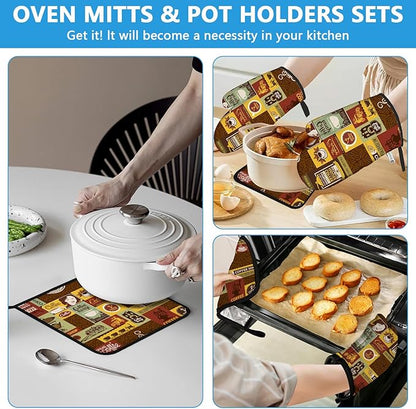 Coffee Theme Oven Mitts and Pot Holders Sets Heat Resistant 4Pcs Potholders Oven Gloves Hot Pads for Kitchen Baking Cooking Grilling BBQ
