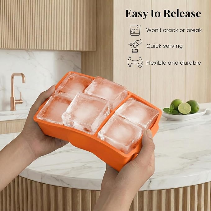 KitchFort Large Silicone Ice Cube Tray (2-Pack), Easy Release 2" Big Ice Cubes - Cocktail, Whiskey Ice Cubes Mold - Ice Trays for Freezer with Lid - Stackable Silicone Ice Tray - Orange - Image 3