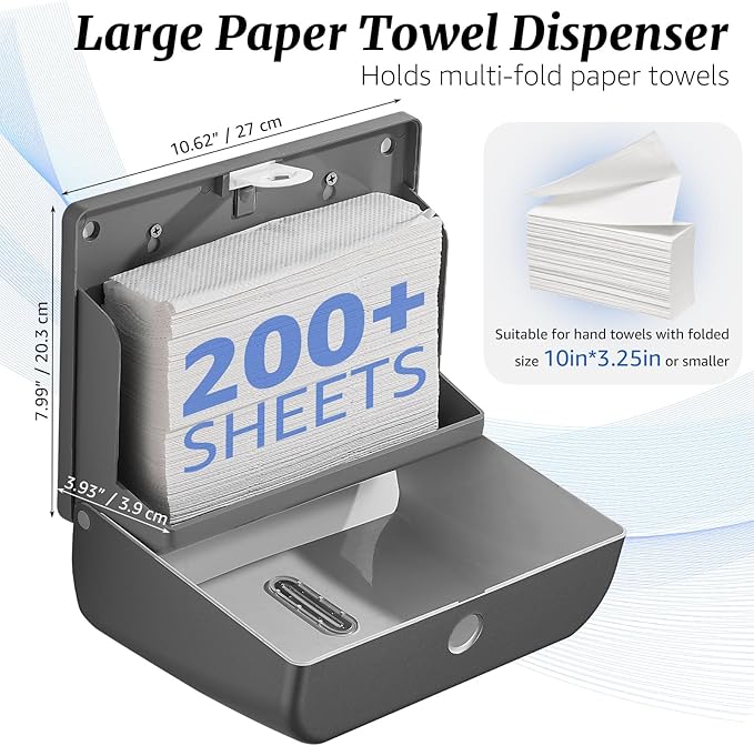 Paper Towel Dispenser Wall Mount - Adhesive Hand Towel Dispenser for Bathroom, Multi-fold/Trifold/Z Fold, 210 Sheets Large Capacity for Compact Home, Apartment & RV - Image 2