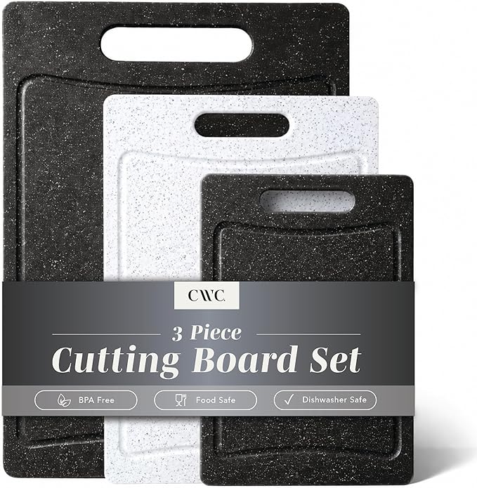 COOK WITH COLOR Non-Slip Cutting Board Set – Kitchen Essentials with Easy Grip Handle for Meat, Veggies, and Fruits, 3 Cutting Boards, Black/White by CookwithColor