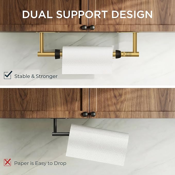 FORIOUS Paper Towel Holder Under Cabinet, One Hand Operable with Ratchet System for Easy Tear, Adhesive or Drill Wall Mount, Stainless Steel for Kitchen Commercial Paper Hand Towel Holders, Gold - Image 7