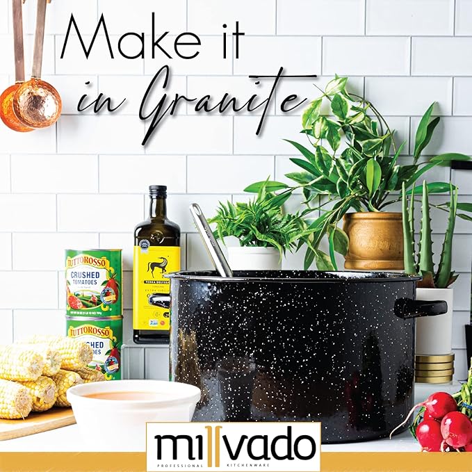 Millvado Granite 21 Qt Stockpot, Nonstick Soup Pot With Lid, Speckled Enamel Ware Cookware, Large Stock Pot For Boiling and Cooking, Big Granite Cooking Pot for Stovetop, Campfire, Outdoor Stove