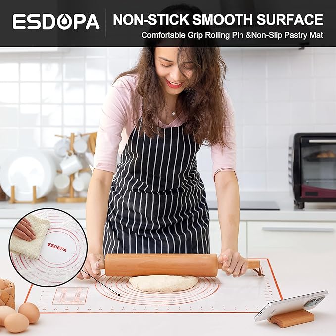 Classic Wood Rolling Pin - Wooden Rolling Pins for Baking Silicone Mat Set, Dough Roller with Wood Base, Fondant Roller for Pie Crust Cookies Pizza Dough and Bread, 17 Inch - Image 6