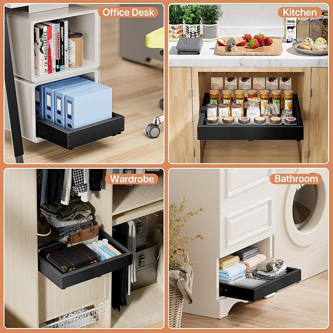 1 Pack Pull out Cabinet Organizer, Width (12"-19") Depth (17"-23"), with 3 Rails Adjustable Slide, Expandable Pullout Drawers for Cabinets, No Drill Adhesive Kitchen Drawers for Pantry Shelves - Image 4