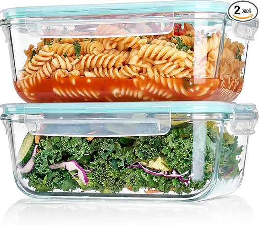 Vtopmart 2Pack 1860ml/63oz Large Glass Containers Food Storage with Lids, Meal Prep Food Container Set with Snap Airtight Lid for Baking, Microwave, Oven, Leak Proof, for Freezer, Dishwasher, Green