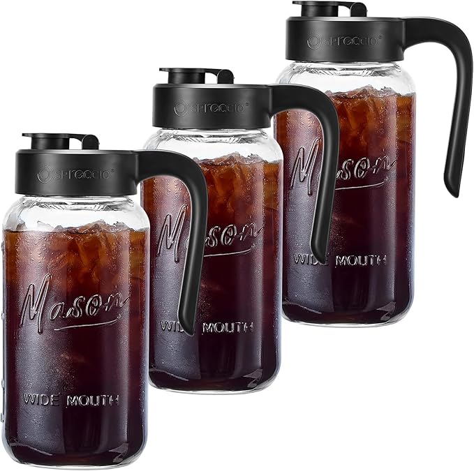 Mason Jar Pitcher - Airtight & Leakproof Glass Pitcher with Lid, Perfect for Breastmilk, Cold Brew, and Sun Tea, 2 Quart (64 oz) Mason Jar with Pour Spout Lid by spreccio