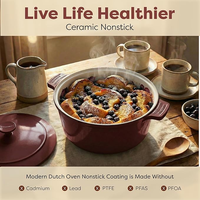 Gotham Steel 5 Qt Lightweight Dutch Oven Pot with Lid & Holders, Ceramic Non Toxic, Oven Safe & Even Heat Retaining Dutch Oven for Bread Baking Sourdough, Soup, Casserole, 70% Lighter than Cast Iron - Image 3
