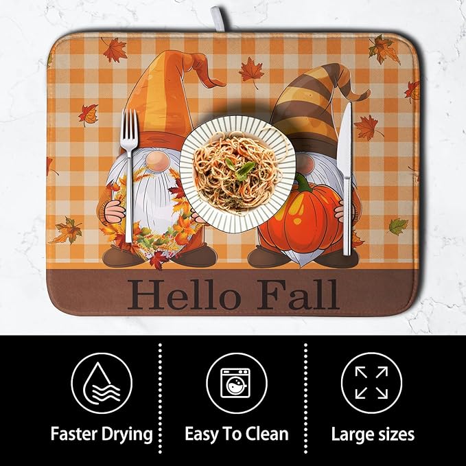 Hello Fall Autumn Gnomes Dish Drying Mat 18x24 Thanksgiving Pumpkin Maple Leaves Harvest Kitchen Drying Mat Orange White Buffalo Plaid Dish Drainer Mat Ultra Absorbent Dish Rack Pad for Coffee Bar - Image 4