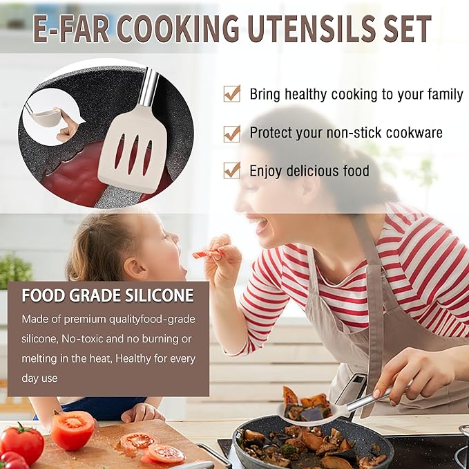 E-far Silicone Cooking Utensils Set, 14-Piece Khaki Kitchen Utensils Set with Holder, Kitchen Tools Spatulas with Stainless Steel Handle for Non-stick Cookware, Heat Resistant & Dishwasher safe - Image 4