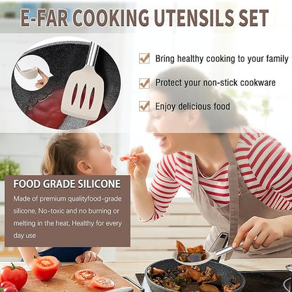 E-far Silicone Cooking Utensils Set, 14-Piece Khaki Kitchen Utensils Set with Holder, Kitchen Tools Spatulas with Stainless Steel Handle for Non-stick Cookware, Heat Resistant & Dishwasher safe - Image 4