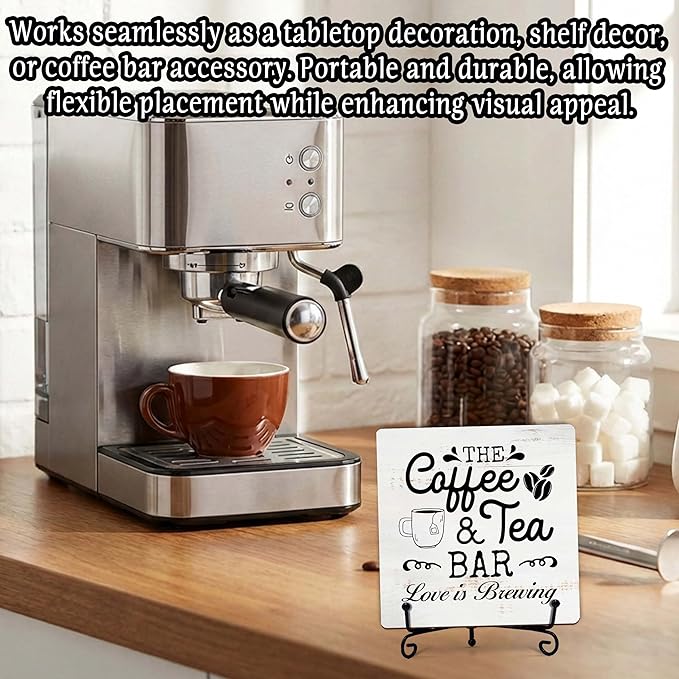 Coffee Bar Sign, Love is Brewing Farmhouse Tabletop Decor, Coffee and Tea Lover Gifts, 5x5 Wood Plaque with Iron Stand for Home Kitchen Cafe, Coffee Bar Decor – L07 - Image 4
