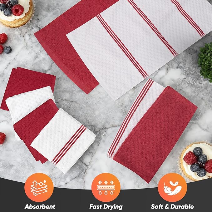 Oven Mitts Kitchen Towels and Dishcloths with Pot Holders Sets, Oven Gloves Hot Pads 500°F Heat Resistant with Silicone Grip, Include 2 Cooking Gloves/2 Potholders/4 Kitchen Towels/4 Dish Towels-Red - Image 6