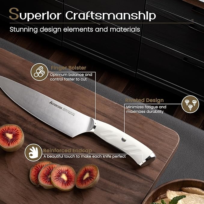 Knife Set, Astercook Kitchen Knife Set with Block, 15 Pcs Luxurious High Carbon German Stainless Steel Knives Set with Full Tang Ergonomic Handle, Dishwasher Safe Knife Set with Sharpening Rod
