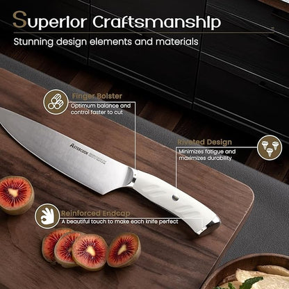 Knife Set, Astercook Kitchen Knife Set with Block, 15 Pcs Luxurious High Carbon German Stainless Steel Knives Set with Full Tang Ergonomic Handle, Dishwasher Safe Knife Set with Sharpening Rod