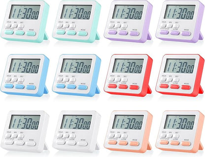 Weewooday 12 Pcs Digital Kitchen Magnetic Timer Bulk Classroom Count up Countdown Timer Large Digits Egg Loud Alarm Cute Desk Stopwatch for Teacher Kids Cooking Office(Pastel Colors,Classic Style)