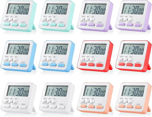 Weewooday 12 Pcs Digital Kitchen Magnetic Timer Bulk Classroom Count up Countdown Timer Large Digits Egg Loud Alarm Cute Desk Stopwatch for Teacher Kids Cooking Office(Pastel Colors,Classic Style)