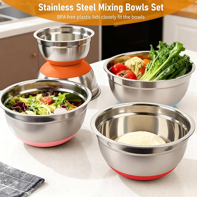 CHAREADA Mixing Bowls with Airtight Lids, 18pcs Stainless Steel Nesting Mixing Bowls Set Non-slip Silicone Bottom, Size 4.5, 3.6, 2.7, 2.1, 1.7, 1.1, 0.7 qt, Fit for Mixing & Serving(Colorful) - Image 7
