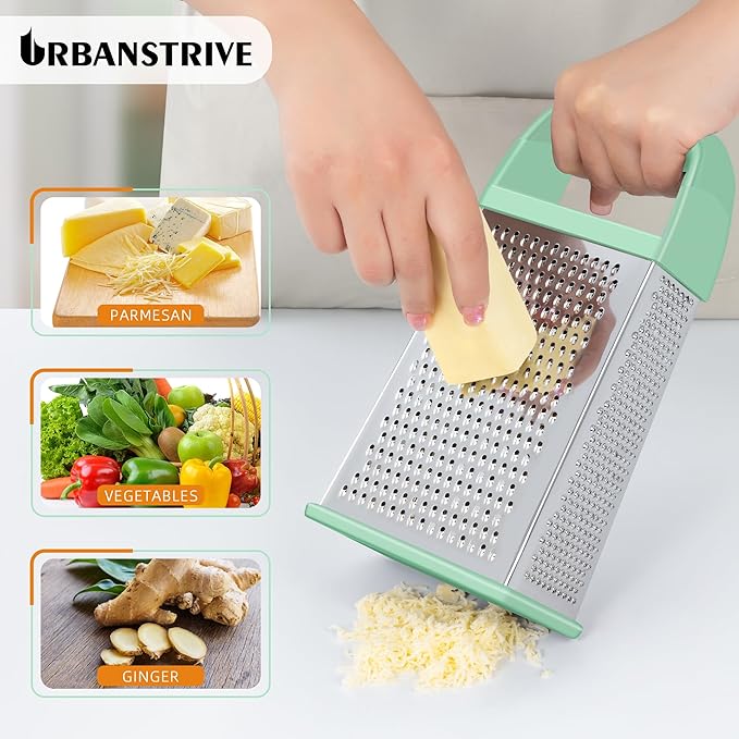 Urbanstrive Cheese Grater With Container, Professional Cheese Grater with Handle, Stainless Steel Graters for Kitchen Handheld, Box Grater with 4 Sides for Vegetables, Ginger, Potatoes (Mint Green) - Image 4
