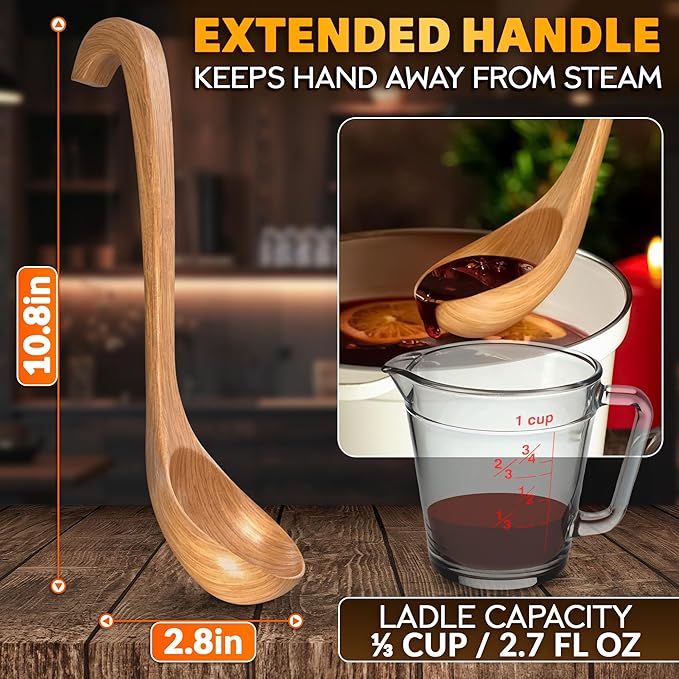 Wooden Ladle for Soup - 10.8x2.8" Deep Bamboo Ladle for Cooking and Serving, Comfortable Grip, Hook-End Handle for Storing - Easy-to-Clean Spoon that Doesn't Conduct Heat - Image 2