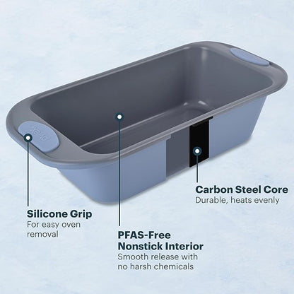 Pyrex 8-Piece Metal Bakeware Set, Lightweight Stainless Steel Baking Trays with Heatsafe Silicone Handles, Cookie & Muffin Sheets, Round/Square Baking Pans, Cerulean