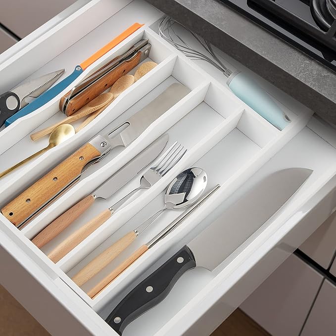 2-Piece Expandable Bamboo Kitchen Drawer Organizer for Cutlery and Utensils, Adjustable Bamboo Wood Cutlery Tray in Drawer for Flatware and Silverware in Kitchen, (White) - Image 3