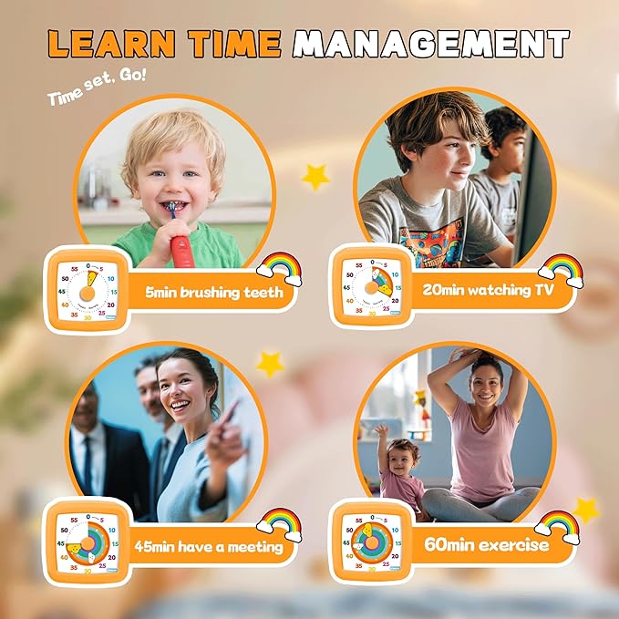 Visual Timer for Kids 60 Minute, Rainbow Countdown Clock with Silent Operation & Adjustable Alarm, Time Management Tool for Classroom, Kitchen, Toddler ADHD, Autism, Study, Pomodoro