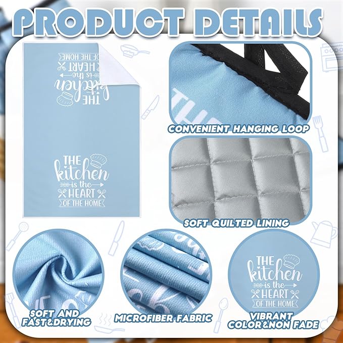 Sratte 6 Pcs Kitchen Decor Accessories Set Farmhouse Towels Pot Holders Oven Mitts Set 2 Dish Towels 2 Potholders 2 Cooking Mittens Oven Glove for Christmas Baking Cooking Supply(Light Blue,Kitchen) - Image 5