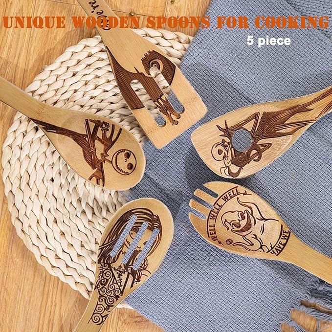 Jack Skellington Wooden Spoons for Cooking Utensils Set - Magic Pattern Burned Spatulas Kitchen Utensil Set for Kitchen Decor,Nightmare Before Christmas GiftS for Fans and Friends
