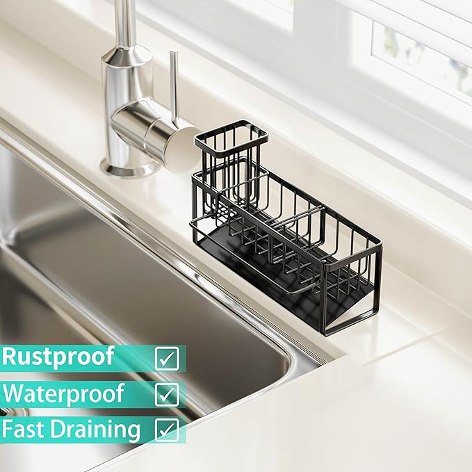 HapiRm Sponge Holder for Kitchen Sink - Self-draining Sink Caddy with Brush and Dishcloth Holders with Sloping Drainage - Black - Image 5