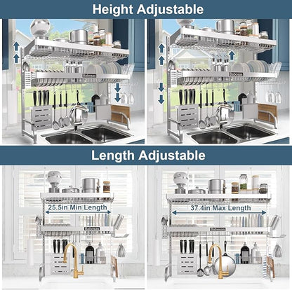 Over The Sink Dish Drying Rack,3 Tier Adjustable Length (25.5'' to 37.4'') Full Stainless Steel Large Storage Kitchen Dish Rack,For Kitchen Counter Expandable Multifunctional Organizers,Silver